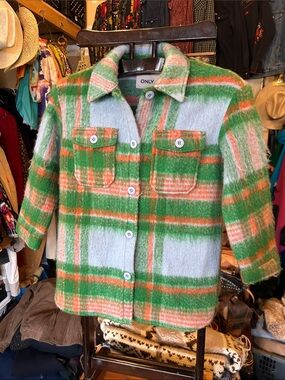 ONLY Kids Plaid Shacket in Green, Orange & Cream